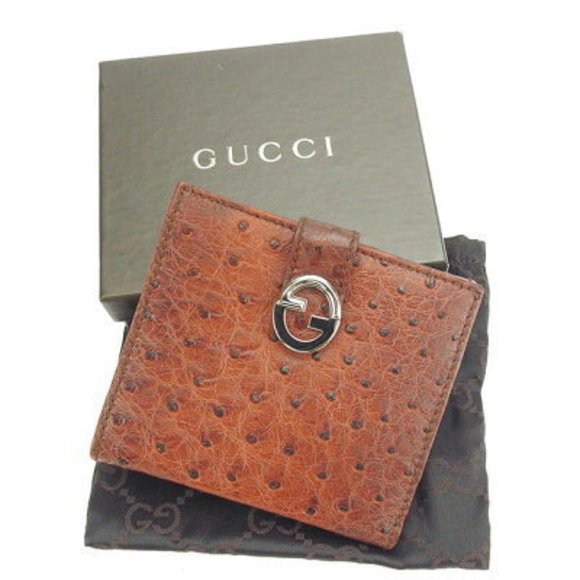 Gucci Bifold Wallet GG Quill Mark Brown Ostrich Leather - Picture 1 of 6